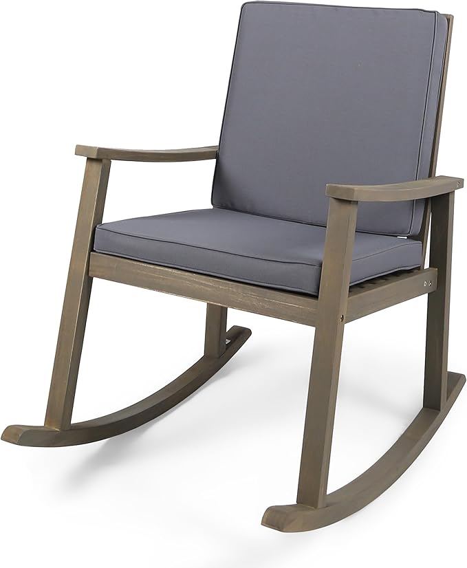 Outdoor Rocking Chair with Armrests and Cushions, Acacia Wood Structure, for Garden, Patio or Balcony, Dark Grey - Photo 5
