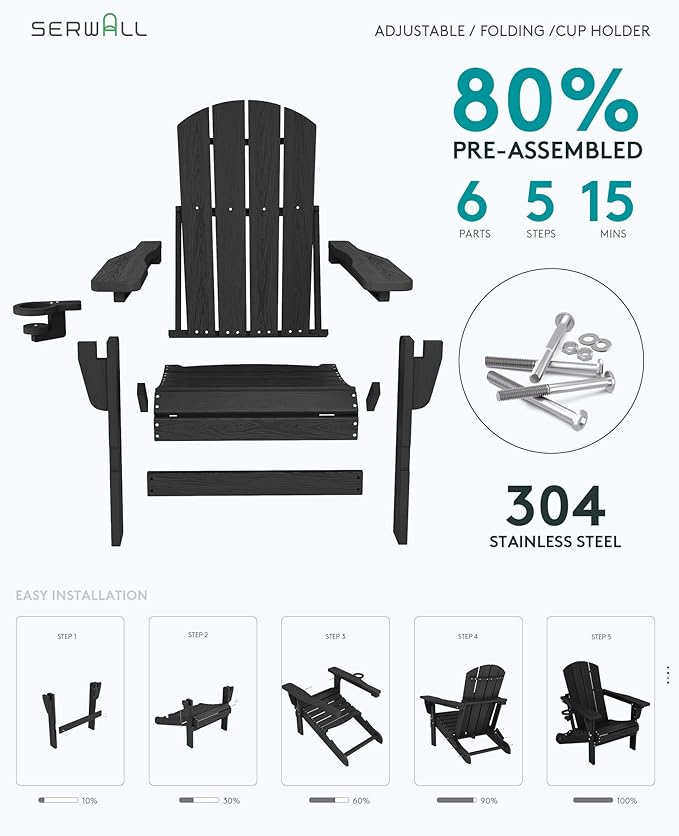 SERWALL 5-Piece Adjustable Adirondack Chair and Ottoman and Table Set, Black - Photo 7