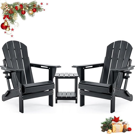 Folding Outdoor Adirondack Chairs Set of 2 with HDPE Side Tables-Plastic Weather Resistant Patio Chairs with Small Outdoor Side Tables 2 Storage for Patio,Fire Pit, Garden and Backyard