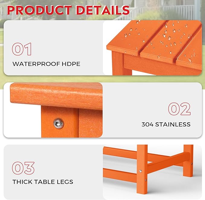Costaelm Adirondack Conversation Table, HDPE Outdoor Drink Weather Resistant, Outdoor Patio Porch Accent Balcony Table for Pool, Seaside, Backyard, Orange