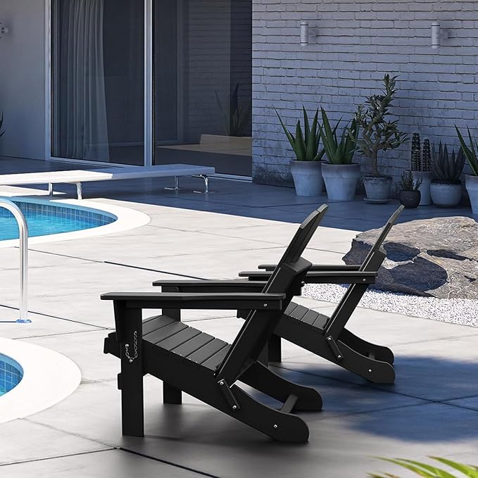 Folding Adirondack Chair,All-Weather Fire Pit Chairs,Oversized All Weather Resistant Outdoor Adirondack Chair for Firepit Area BBQ Beach Deck Garden Lawn Backyard Pool (Antique Black)