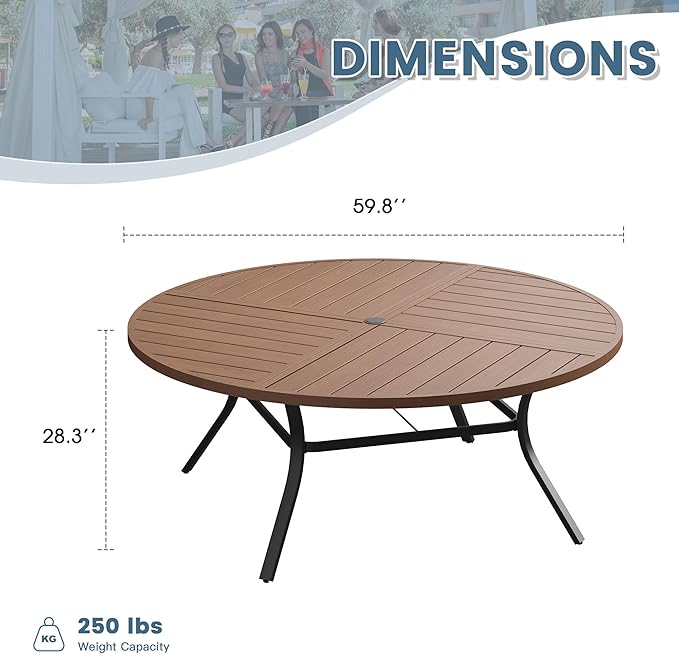 DIFY 59.8" Round Outdoor Patio Dining Table for 8-10, All-Weather Metal Steel Slatted Patio Table with 1.57" Adjustable Umbrella Hole for Garden, Backyard, Deck, Walnut