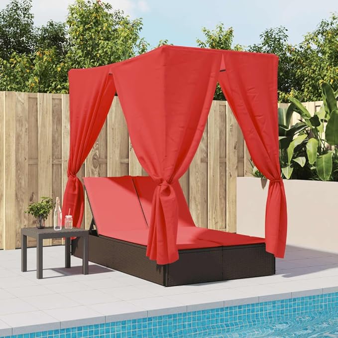 Brown PE Rattan Double Patio Sun Lounger 78.7"x44.9"x77.2" with Adjustable Backrest, Curtains & Roof, All-Weather Outdoor Chaise for Poolside Garden Deck