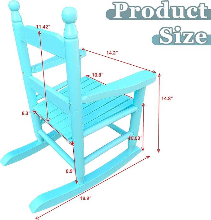 Toddler Rocking Chair for Kids Age 2-5, Hardwood Porch Rocker with Back Support & Armrest for Small Spaces Living Room Outdoor Garden, Easy Assembly (Light Blue)