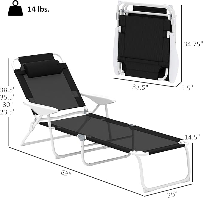 Outsunny Folding Lounge Chair, Portable Outdoor Chaise Lounge, Sun Tanning Chair with 4-Position Reclining Back - Photo 3