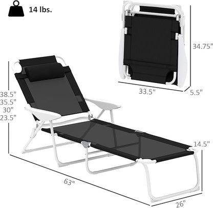 Outsunny Folding Lounge Chair, Portable Outdoor Chaise Lounge, Sun Tanning Chair with 4-Position Reclining Back, Armrests, Metal Frame and Mesh Fabric for Beach, Yard, Patio, Black