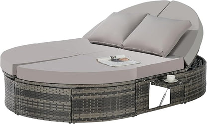 JOSHEN 78" Outdoor Chaise Lounge Chair,Patio Round Daybed,Reclining Wicker Rattan Sun Bed with Adjustable Backrests and Foldable Cup Trays for Backyard,Poolside,Light Gray