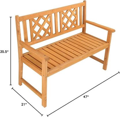 Outdoor Wood Bench, 2-Seat Acacia Wood Loveseat Chair w/Slatted Seat & Patterned Backrest, 800 lbs Capacity, Patio Bench for Garden, Yard, Lawn (46" Grid Wooden Bench)