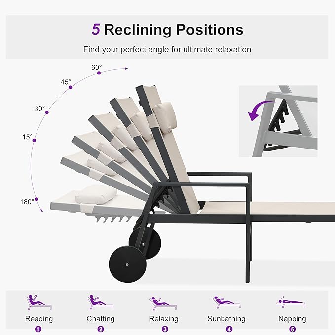 PURPLE LEAF Patio Lounge Chair Set of 3 Outdoor Chaise Lounger Aluminum Frame with Armrest Side Table and Wheels for - Photo 8