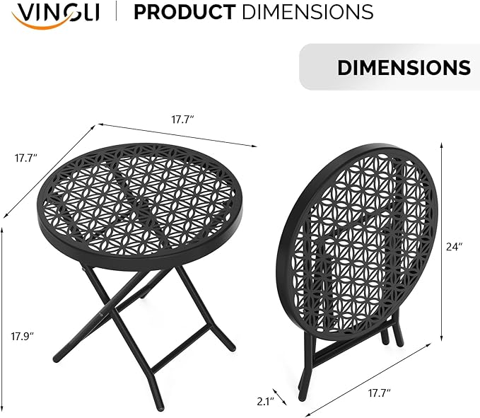 VINGLI Patio Folding Side Table, Small Outdoor Table with Everlasting Floral Pattern and Sturdy X-Shaped Metal Frame Ideal for Indoor & Outdoor Balcony, Porch, Backyard, Deck, Black, 1 Pack