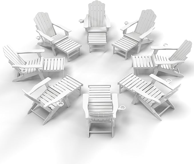 FOOWIN Adjustable Adirondack Chair with Retractable Ottoman Set of 8, Folding Adirondack Chair with Cup Holder, HDPE All-Weather Fire Pit Chair for Patio, Yard, Poolside,White