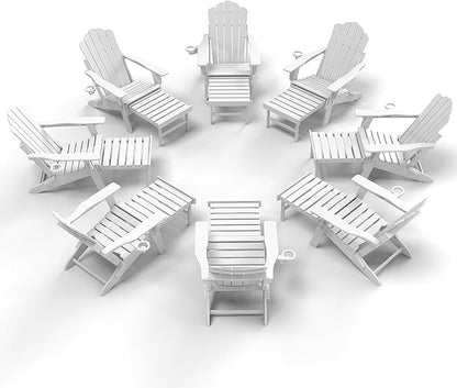 FOOWIN Adjustable Adirondack Chair with Retractable Ottoman Set of 8, Folding Adirondack Chair with Cup Holder, HDPE All-Weather Fire Pit Chair for Patio, Yard, Poolside,White