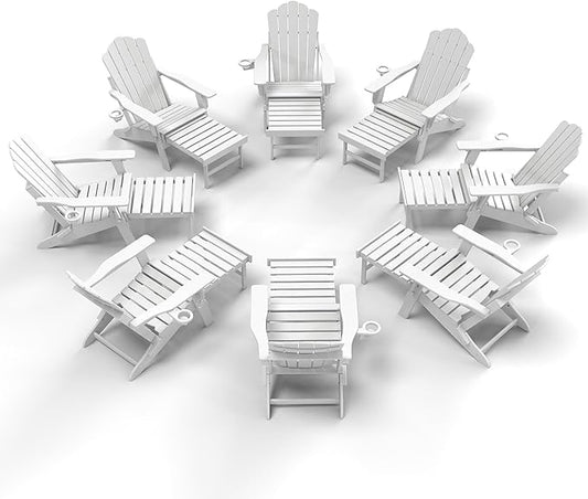 FOOWIN Adjustable Adirondack Chair with Retractable Ottoman Set of 8, Folding Adirondack Chair with Cup Holder, HDPE All-Weather Fire Pit Chair for Patio, Yard, Poolside,White