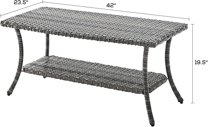 Rilyson Patio Tables Outdoor Coffee Table - Wicker Rattan Coffee Tables with 2-Tier Storage Shelf Side Table for Porch Deck Balcony Garden Outside Rectangle Mixed Grey
