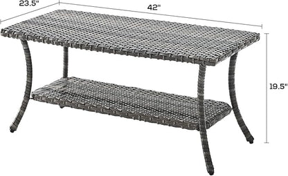 Rilyson Patio Tables Outdoor Coffee Table - Wicker Rattan Coffee Tables with 2-Tier Storage Shelf Side Table for Porch Deck Balcony Garden Outside Rectangle Mixed Grey