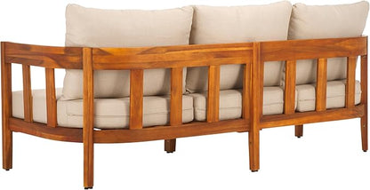 SAFAVIEH Outdoor Collection Owen Acacia Solid Wood Natural/Taupe Cushion 3-Seater Sofa