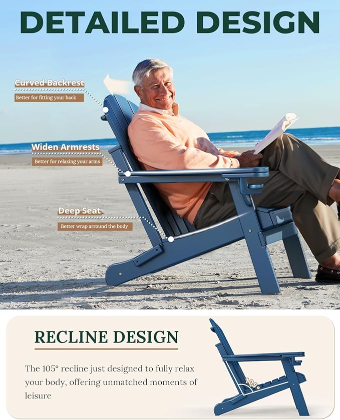 BRIOPAWS Folding-Adirondack-Chairs Set of 2 | HDPE | Fire Pit Chair | Cup Holder | Weather Resistance | Blue | for Outdoor Backyard Deck Patio