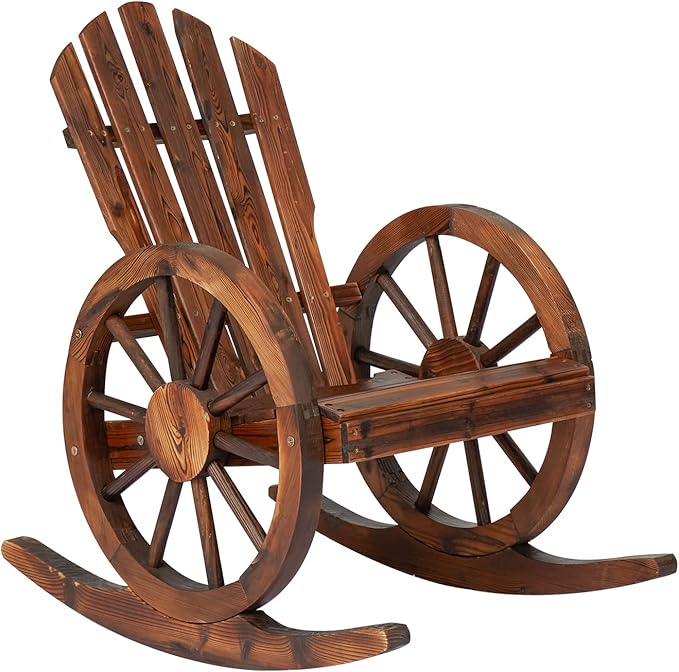 Outdoor Wooden Wagon Rocking Chair - Rustic Wheel Design Adirondack Rocking Chair Patio Rocker Chairs for Patio, Country, Yard, Backyard, Natural (1 PCS)