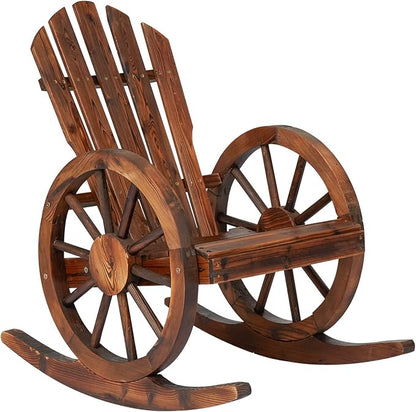 Outdoor Wooden Wagon Rocking Chair - Rustic Wheel Design Adirondack Rocking Chair Patio Rocker Chairs for Patio, Country, Yard, Backyard, Natural (1 PCS)