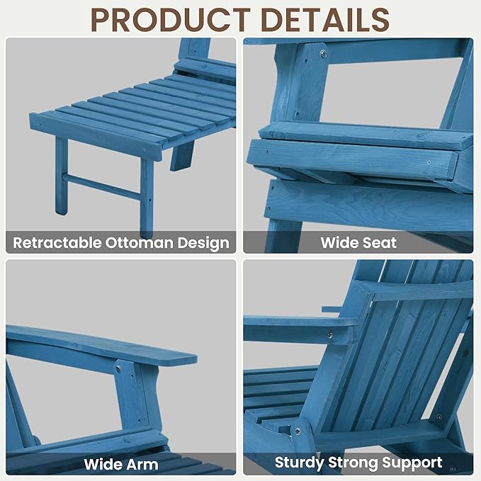 Oversized Folding Adirondack Chair with Retractable Ottoman - Solid Wood Outdoor Lounge Chair for Patio Garden Backyard Porch, Weather-Resistant & Pre-Assembled, Blue