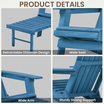 Oversized Folding Adirondack Chair with Retractable Ottoman - Solid Wood Outdoor Lounge Chair for Patio Garden Backyard Porch, Weather-Resistant & Pre-Assembled, Blue