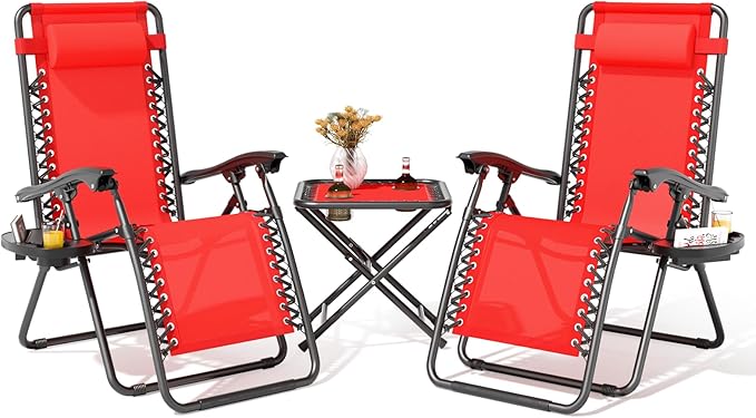Magshion Folding Zero Gravity Chairs Set of 2, Outdoor Reclining Camping Chairs, Patio Lounge Recliners with Side Table & Cup Holder Tray, Red