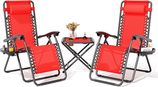Magshion Folding Zero Gravity Chairs Set of 2, Outdoor Reclining Camping Chairs, Patio Lounge Recliners with Side Table & Cup Holder Tray, Red