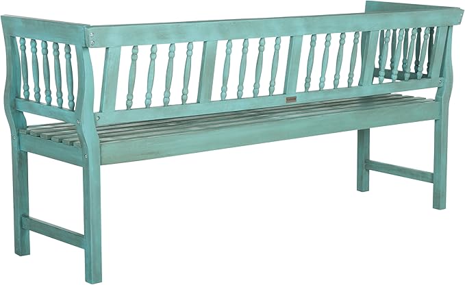 SAFAVIEH Outdoor Patio Furniture Collection – Brentwood Blue & Beige Distressed Acacia Wood Bench with Silver Accents, Classic Outdoor Seating for Porch or Garden (PAT6732D)