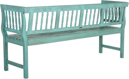 SAFAVIEH Outdoor Patio Furniture Collection – Brentwood Blue & Beige Distressed Acacia Wood Bench with Silver Accents, Classic Outdoor Seating for Porch or Garden (PAT6732D)