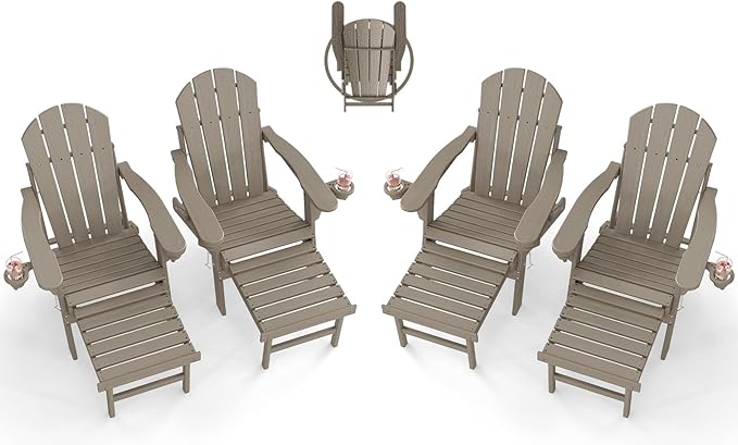 BRIOPAWS Adirondack-Chairs-with-Pull-Out-Footrest | Set of 4 | Folding | HDPE Plastic | Fire Pit Chair | All Weather | Cup Holders | Curved Back | Retractable Ottoman | for Poolside Deck | Light Brown