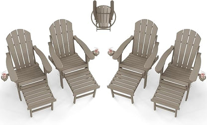 BRIOPAWS Adirondack-Chairs-with-Pull-Out-Footrest | Set of 4 | Folding | HDPE Plastic | Fire Pit Chair | All Weather | Cup Holders | Curved Back | Retractable Ottoman | for Poolside Deck | Light Brown
