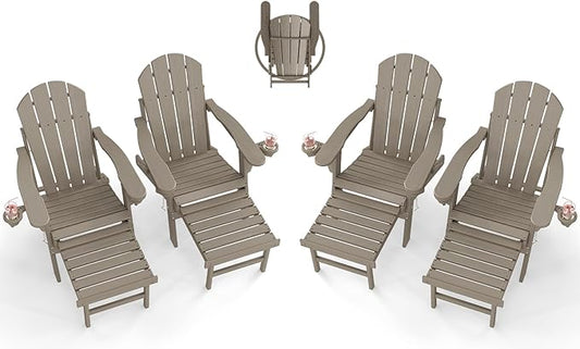 BRIOPAWS Adirondack-Chairs-with-Pull-Out-Footrest | Set of 4 | Folding | HDPE Plastic | Fire Pit Chair | All Weather | Cup Holders | Curved Back | Retractable Ottoman | for Poolside Deck | Light Brown