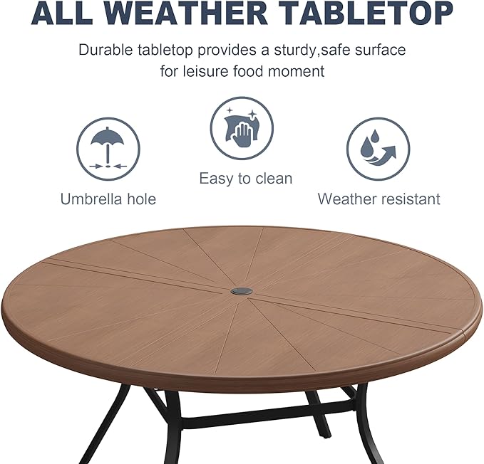 VICLLAX Round Patio Dining Table, 6-8 Person Aluminum Outdoor Dining Table with Umbrella Hole and Surdy Frame for Garden Lawn Deck, 53" Walnut
