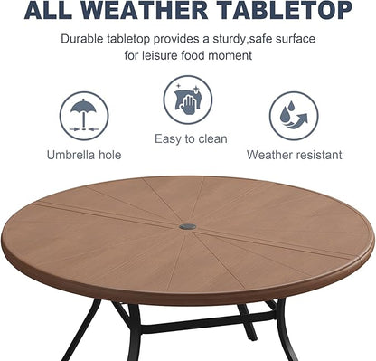 VICLLAX Round Patio Dining Table, 6-8 Person Aluminum Outdoor Dining Table with Umbrella Hole and Surdy Frame for Garden Lawn Deck, 53" Walnut