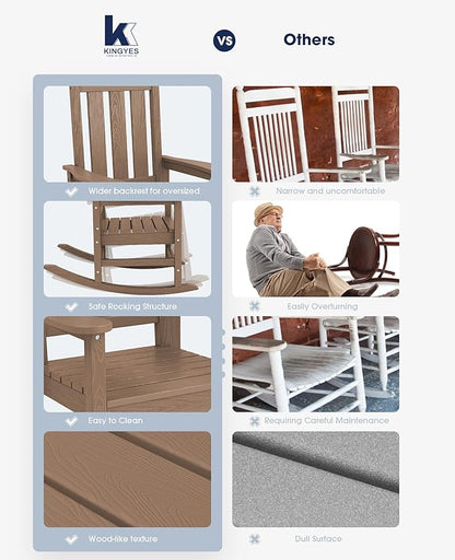 KINGYES Oversized Outdoor Rocking Chair Set of 8, All-Weather Patio Rocking Chairs for Porch, HDPE Outdoor Patio Rockers with High Back & Wide Seat for Garden, Lawn, Brown