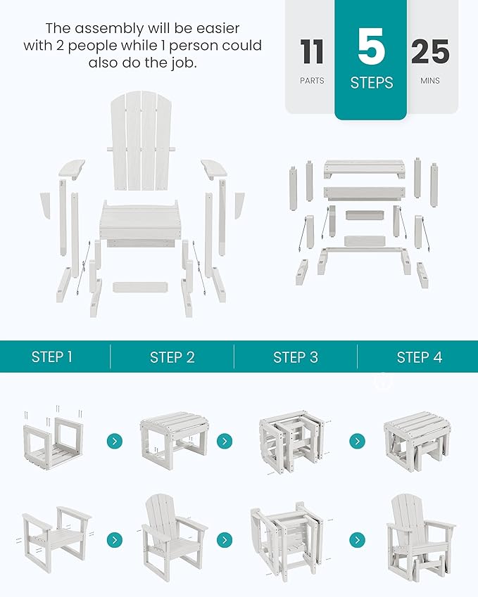 SERWALL Outdoor Glider Chair with Ottoman, HDPE Wood-Like Patio Glider Set All-Weather Porch Glider for Outside, White - Photo 9