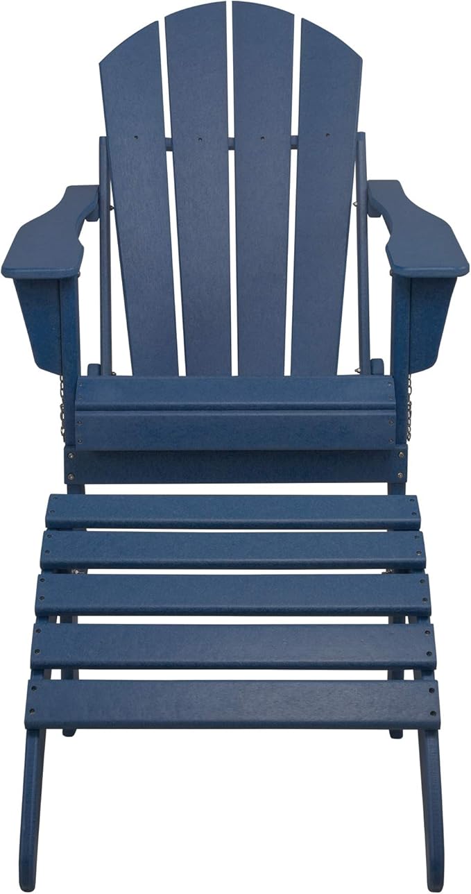 WestinTrends Malibu Outdoor Lounge Chair, 2-Pieces Adirondack Chair Set with Ottoman, All Weather Poly Lumber Patio Lawn Folding Chairs for Outside Pool Garden Backyard Beach, Navy Blue
