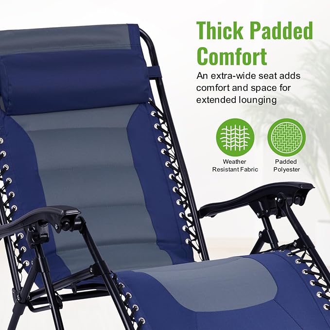 Backyard Expressions Deluxe XL Padded Recliner Zero Gravity Chair – Ergonomic Anti-Gravity Lounger with Folding Design, Side Tray, and Adjustable Headrest