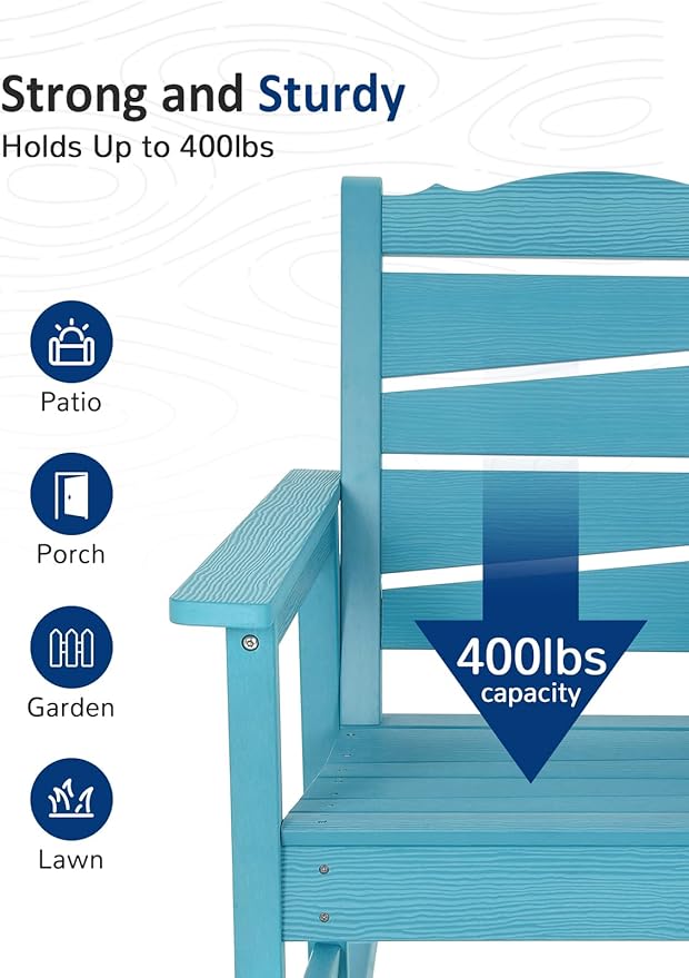 Patio Rocking Chair, Weatherproof HIPS Outdoor Rocking Chair for Adults, 400LBS Support Heavy Duty Porch Rocking Chairs for Garden, Lawn, Backyard, Outdoor and Indoor (Lake Blue)