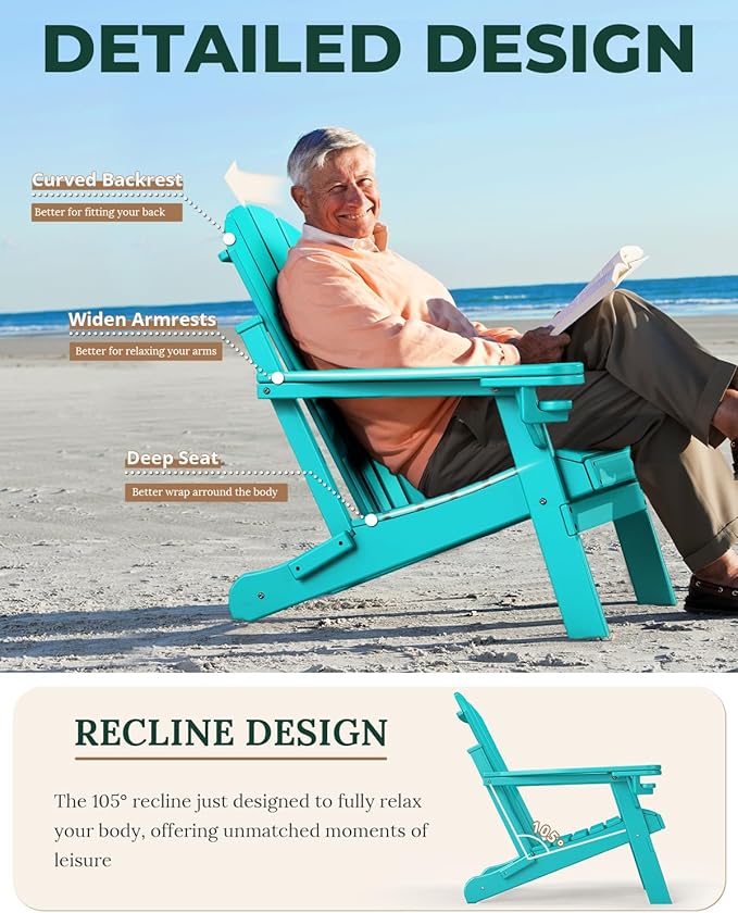 BRIOPAWS Folding-Adirondack-Chairs Set of 4 | HDPE | Fire Pit Chair | Cup Holder | Weather Resistance | Aqua | for Outdoor Backyard Deck Patio