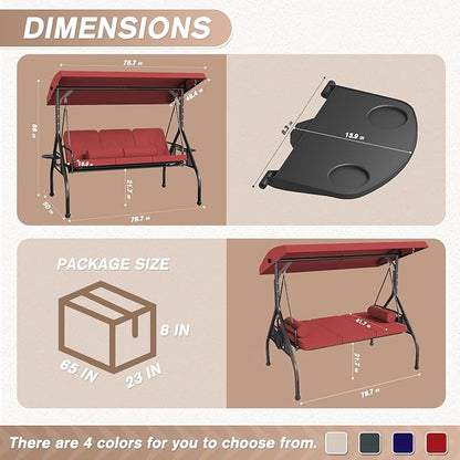 3 Seat Outdoor Porch Swing Chair, Adjustable Canopy Swing Bench, Convertible Backrest Swing Bed with Thicken Cushions, Pillow & Cup Hold (Wine Red)