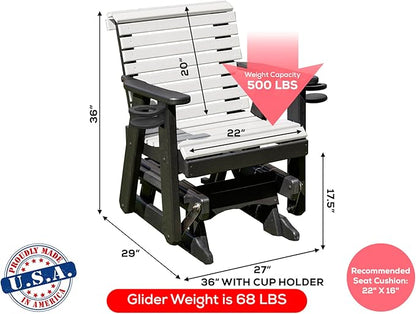 Amish Craftsmanship Made in USA 2FT Heavy Duty Poly Lumber Wood Porch Patio Glider HDPE with No wood fibers Lancaster Series Rollback design 500 lbs Limit With Cupholders White on Black