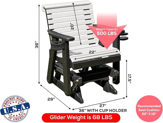 Amish Craftsmanship Made in USA 2FT Heavy Duty Poly Lumber Wood Porch Patio Glider HDPE with No wood fibers Lancaster Series Rollback design 500 lbs Limit With Cupholders White on Black