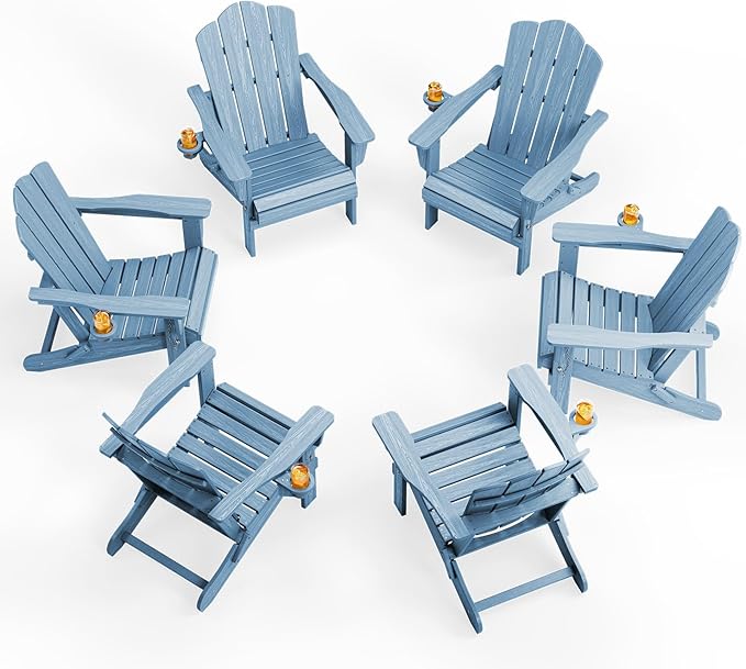 KINGYES Folding Adirondack Chair Set of 6, HDPE All-Weather Folding Adirondack Chair, Light Blue