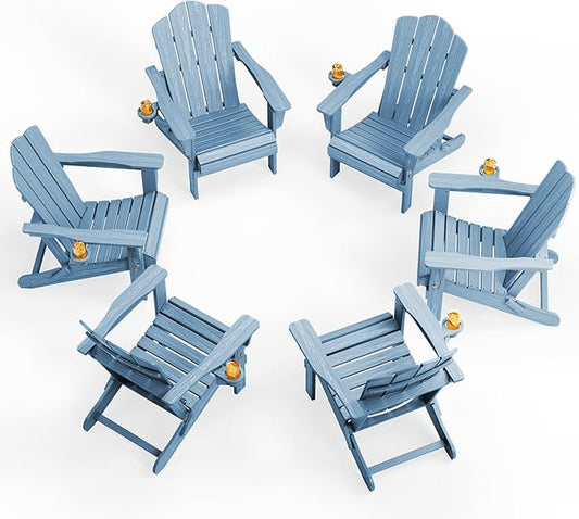 KINGYES Folding Adirondack Chair Set of 6, HDPE All-Weather Folding Adirondack Chair, Light Blue