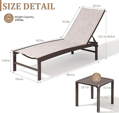 Patio Chaise Lounge Chair Set, 3PCS Outdoor Recliner Lounge Chair with Side Table, All Weather Chaise with 5 Adjustable Backrest and Lay Flat Positions for Garden, Balcony, Pool