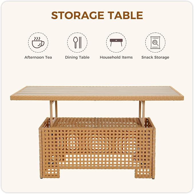 Grand patio Outdoor & Indoor Coffee Dining Table -Wicker Rattan, Adjustable Slat Lift Top, Picnic, Storage Shelf - Beige