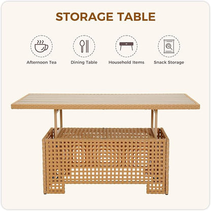 Grand patio Outdoor & Indoor Coffee Dining Table -Wicker Rattan, Adjustable Slat Lift Top, Picnic, Storage Shelf - Beige