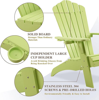 Psilvam Adirondack Chair, Oversized Poly Lumber Fire Pit Chair with Cup Holder, 350Lbs Support Patio Chairs for Garden, Weather Resistant Adirondack Chair Looks Like Real Wood (4, Green)