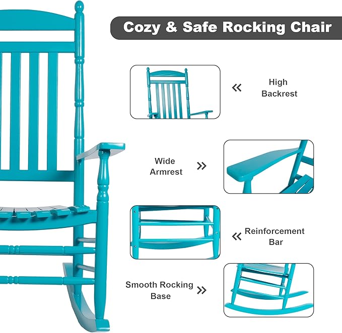 Outdoor Rocking Chairs Set of 2 Rocking Camping Chair Patio Rocker Poly Wooden Extensive Large High Back 350lbs Weather Proof Lawn Chair Arm for Porch Yard Balcony Indoor Outdoor Blue